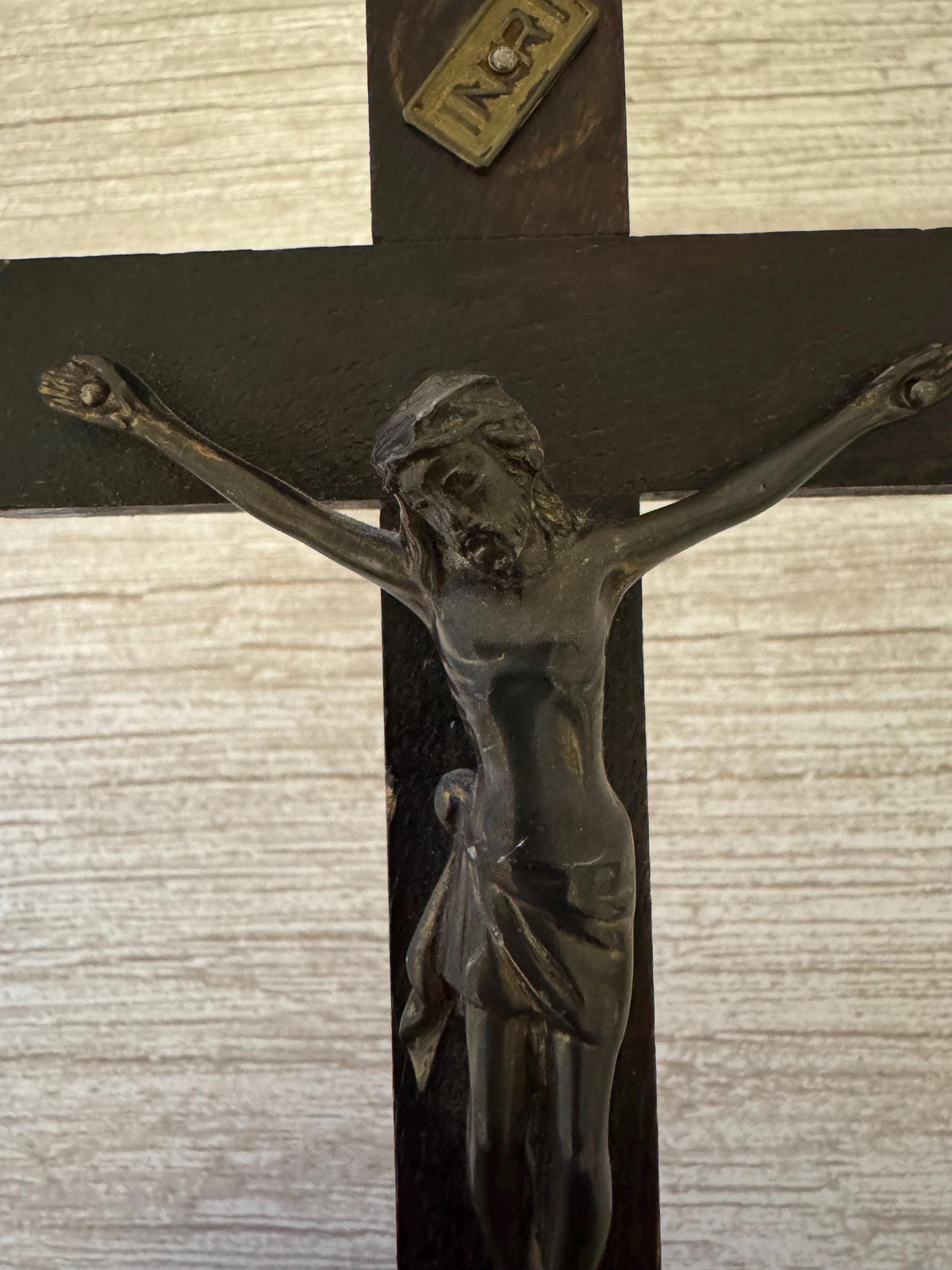 Vintage Standing Crucifix – Wooden Cross with Metal Jesus Figure & INRI Plaque