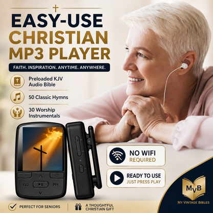 Christian MP3 Player – Preloaded KJV Audio Bible & 50 Hymns | No WiFi | Easy for Seniors
