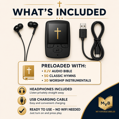 Christian MP3 Player – Preloaded KJV Audio Bible & 50 Hymns | No WiFi | Easy for Seniors