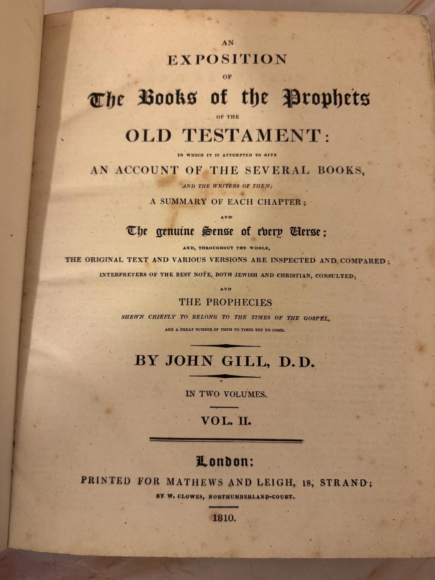 1810 John Gill Exposition of the Prophets Old Testament Vol II Antique Commentary - Ref X704