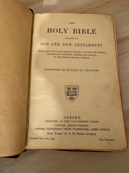 Antique Oxford Holy Bible Yapp Cover Leather Bound King James Bible With Red Page Edges - Ref X698