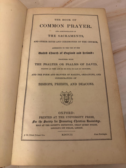 1852 Antique Book of Common Prayer Leather Bound Church of England Prayer Book - Ref X694