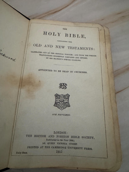 1905 Holy Bible British and Foreign Bible Society Antique King James Bible Black Leather KJV - Ref x678