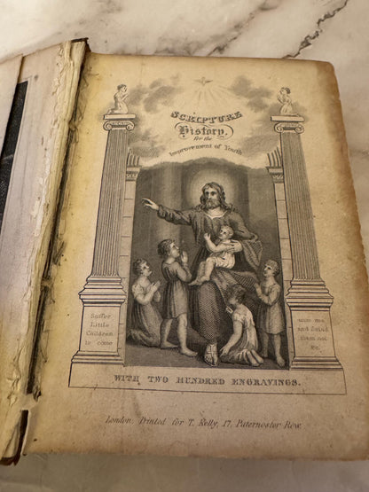 1841 Antique Scripture History Book Leather Bound With Engravings Christian Religious Book - Ref x620