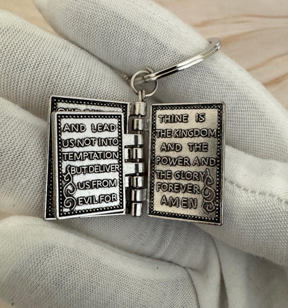 Silver Bible Keyring with Lord’s Prayer | Christian Gift & Religious Pendant