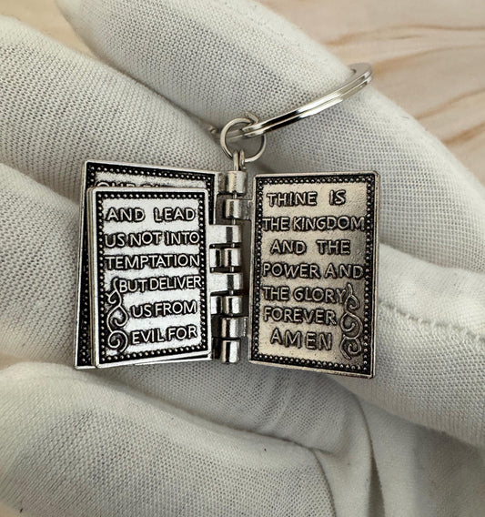 Silver Bible Keyring with Lord’s Prayer | Christian Gift & Religious Pendant