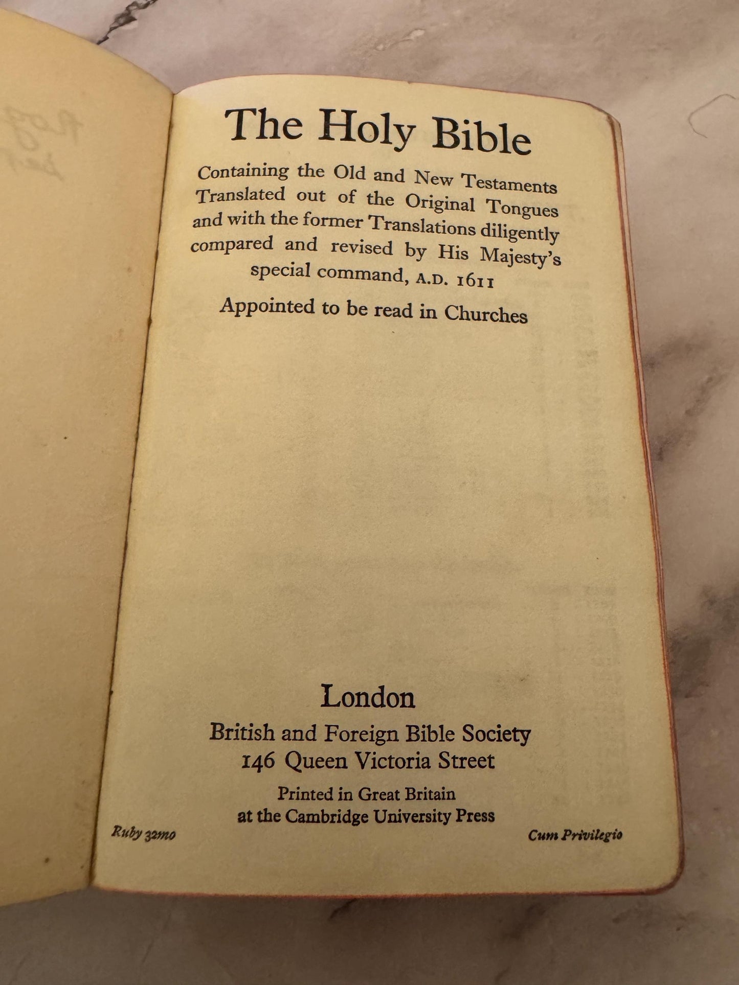 1961 King James Holy Bible British and Foreign Bible Society Cambridge Ruby 32mo - Ref x543