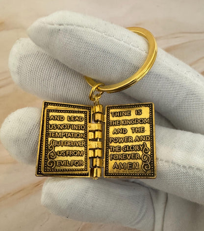 Gold Bible Keyring with Lord’s Prayer – Christian Gift for Men & Women, Religious Keychain, Keepsake Pendant