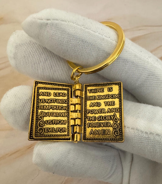 Gold Bible Keyring with Lord’s Prayer – Christian Gift for Men & Women, Religious Keychain, Keepsake Pendant