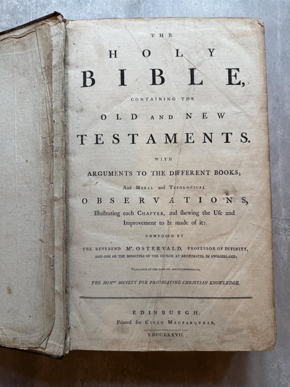 1777 Large Antique Holy Bible with Apocrypha Ostervald Suitable for Museum Display
