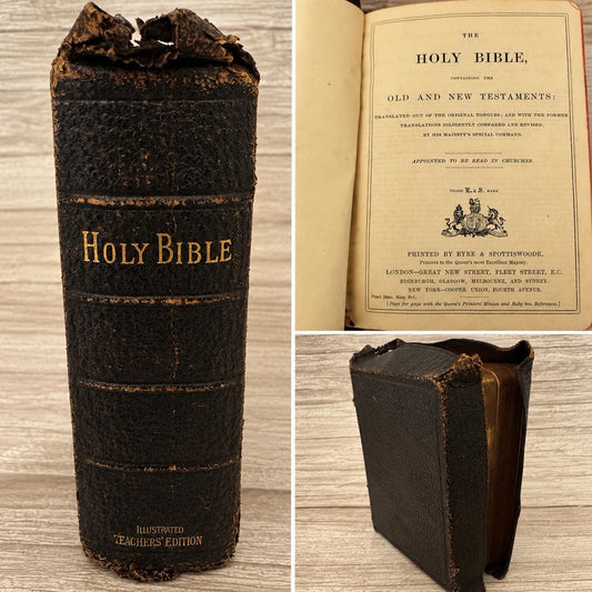 899 Antique Holy Bible KJV – Victorian Yapp Leather Bible – Illustrated Teachers Edition - Ref x750
