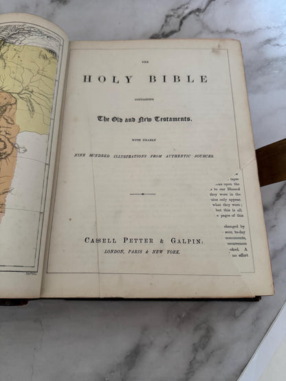 1880 Antique Holy Bible Large Victorian Leather Bound Brass Clasp 900 Illustrations - Ref x749