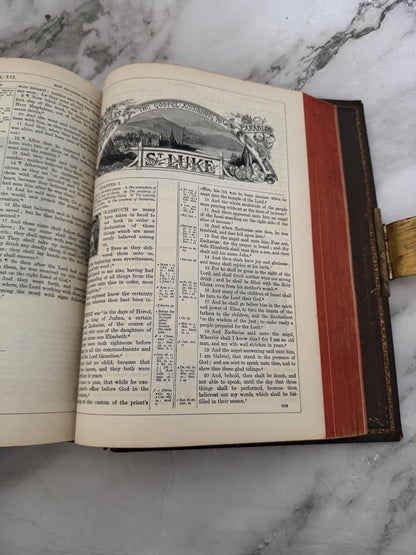 1880 Antique Holy Bible Large Victorian Leather Bound Brass Clasp 900 Illustrations - Ref x749