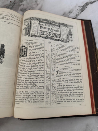 1880 Antique Holy Bible Large Victorian Leather Bound Brass Clasp 900 Illustrations - Ref x749