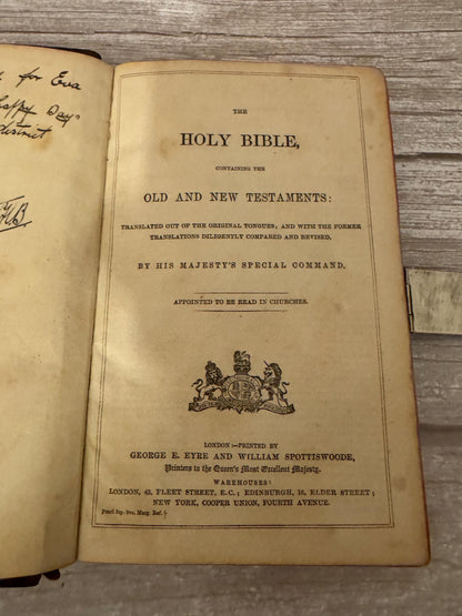 Antique Holy Bible Silver Clasp Corner Protectors Leather KJV Family Bible c.1860s - Ref x741