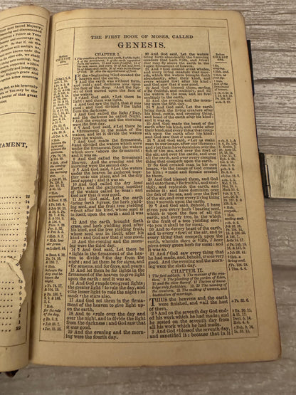 Antique Holy Bible Silver Clasp Corner Protectors Leather KJV Family Bible c.1860s - Ref x741