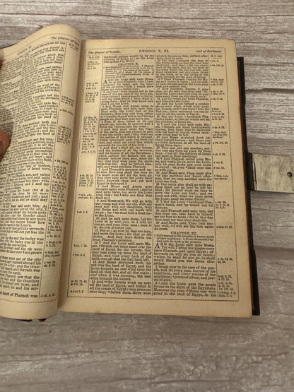 Antique Holy Bible Silver Clasp Corner Protectors Leather KJV Family Bible c.1860s - Ref x741