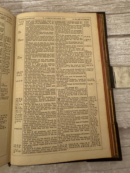 Antique Holy Bible Silver Clasp Corner Protectors Leather KJV Family Bible c.1860s - Ref x741