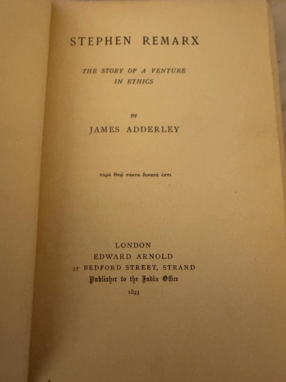 1893 Stephen Remarx Antique Victorian Christian Fiction Book by James Adderley - Ref X703