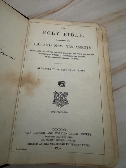 1905 Holy Bible British and Foreign Bible Society Antique King James Bible Black Leather KJV - Ref x678