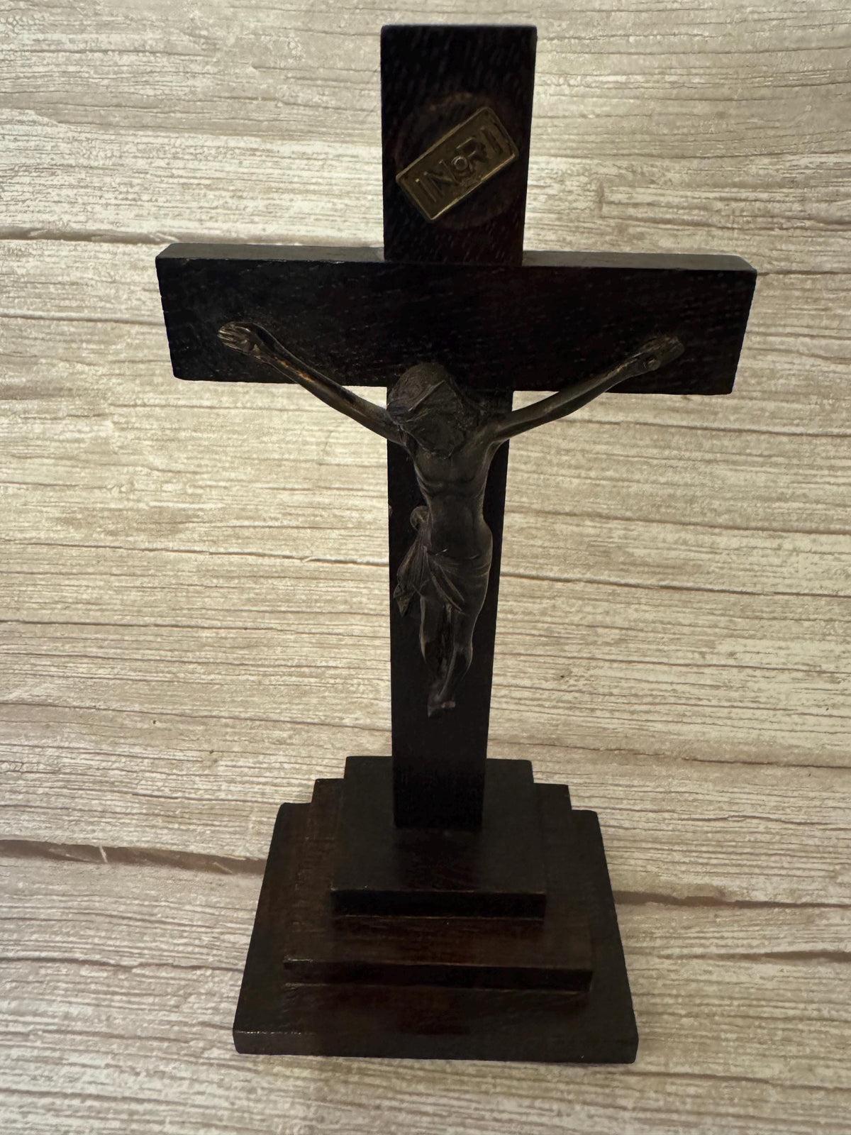 Vintage Standing Crucifix – Wooden Cross with Metal Jesus Figure & INRI Plaque