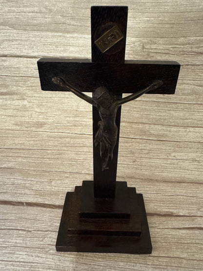 Vintage Standing Crucifix – Wooden Cross with Metal Jesus Figure & INRI Plaque