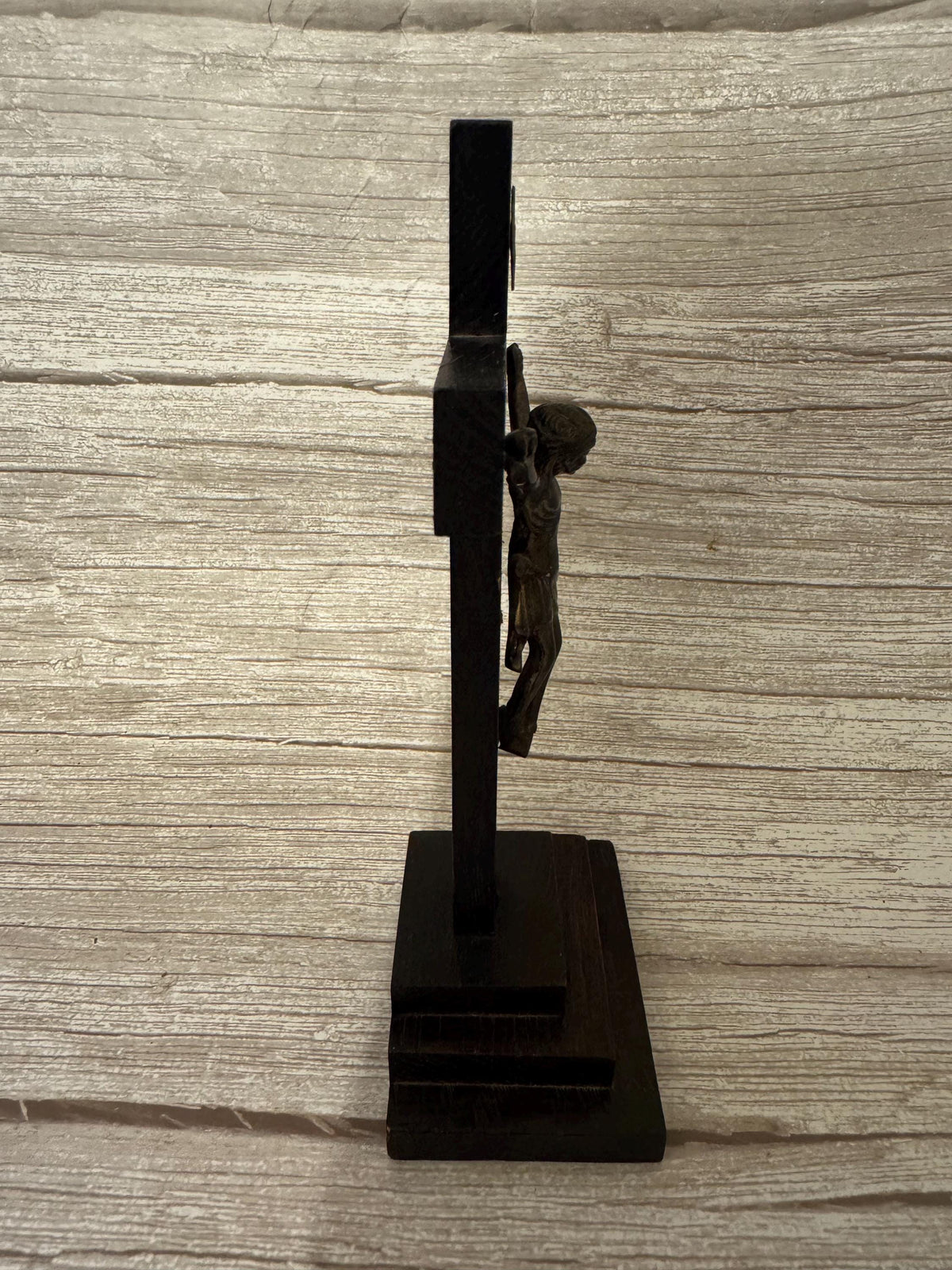 Vintage Standing Crucifix – Wooden Cross with Metal Jesus Figure & INRI Plaque