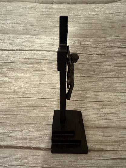 Vintage Standing Crucifix – Wooden Cross with Metal Jesus Figure & INRI Plaque