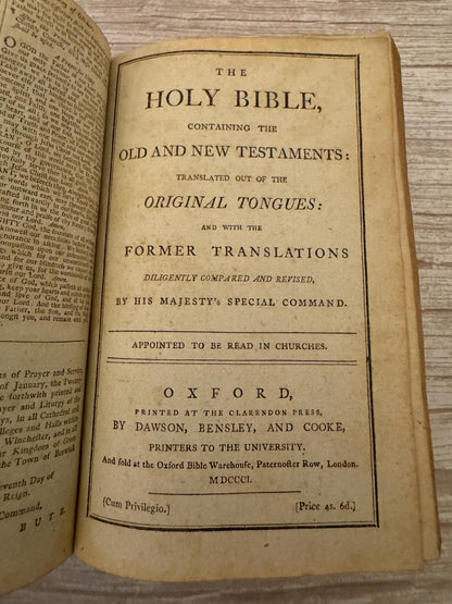 1801 Antique King James Bible with Book of Common Prayer Oxford Clarendon Press Georgian Leather KJV - Ref x786