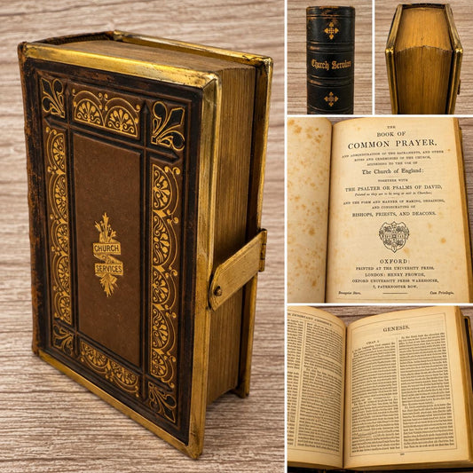 1800s Antique New Testament & Book of Common Prayer – Gilt Leather Church Services - Ref x779