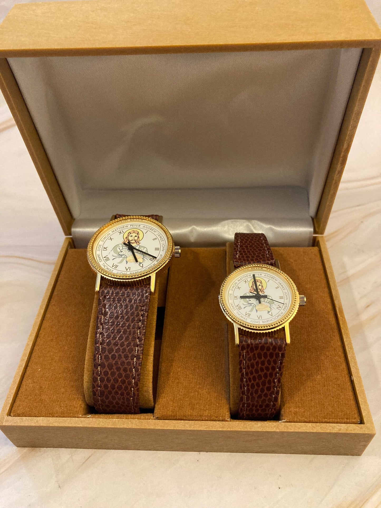 Vintage Jesus & The Twelve Apostles Wrist Watch Set – Pair of Christian Hand-Winding Watches in Presentation Box