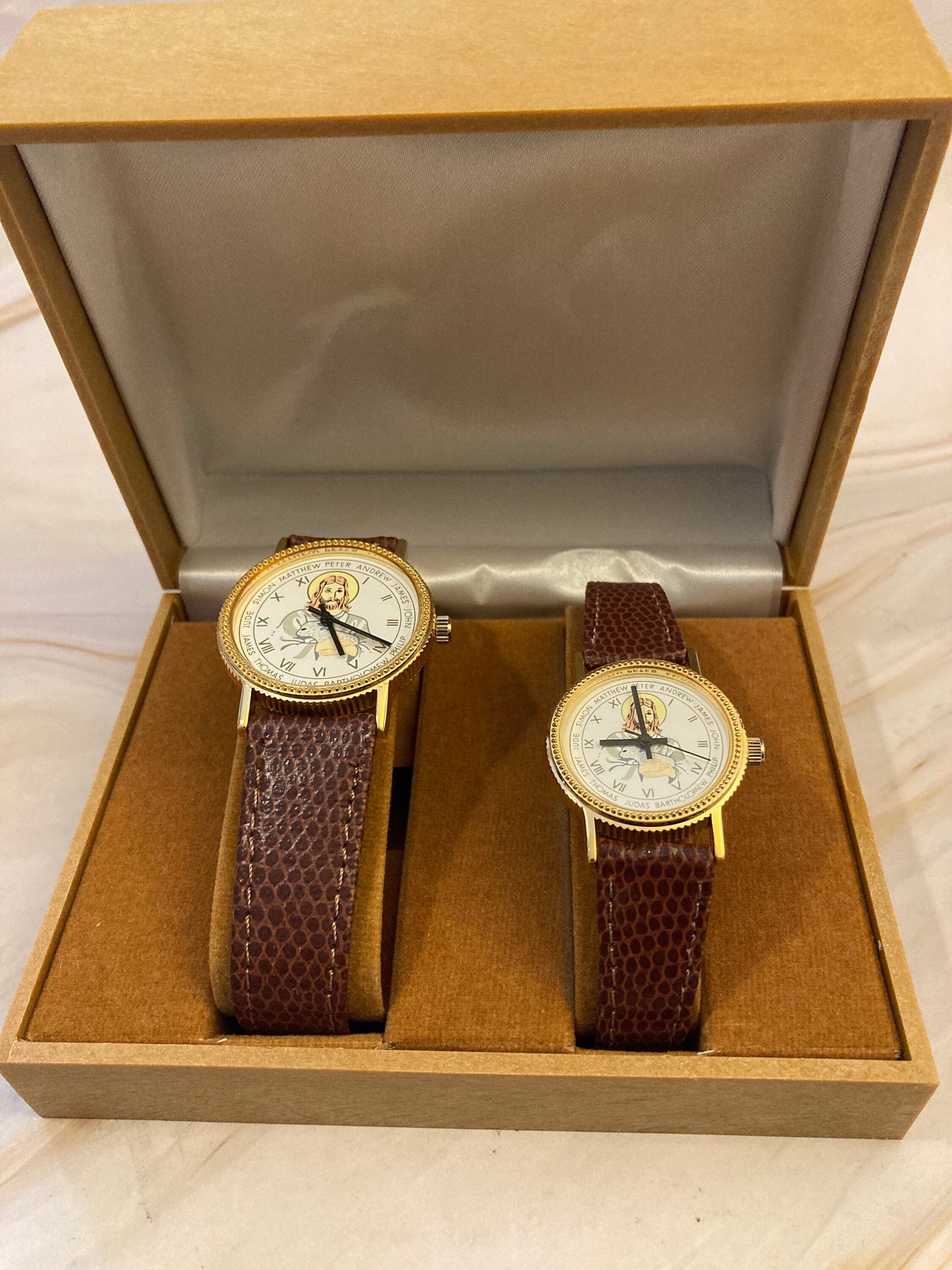 Pair of Jesus and The Twelve Apostles Leather Strapped Wrist Watches in Presentation Case - Religious Watch